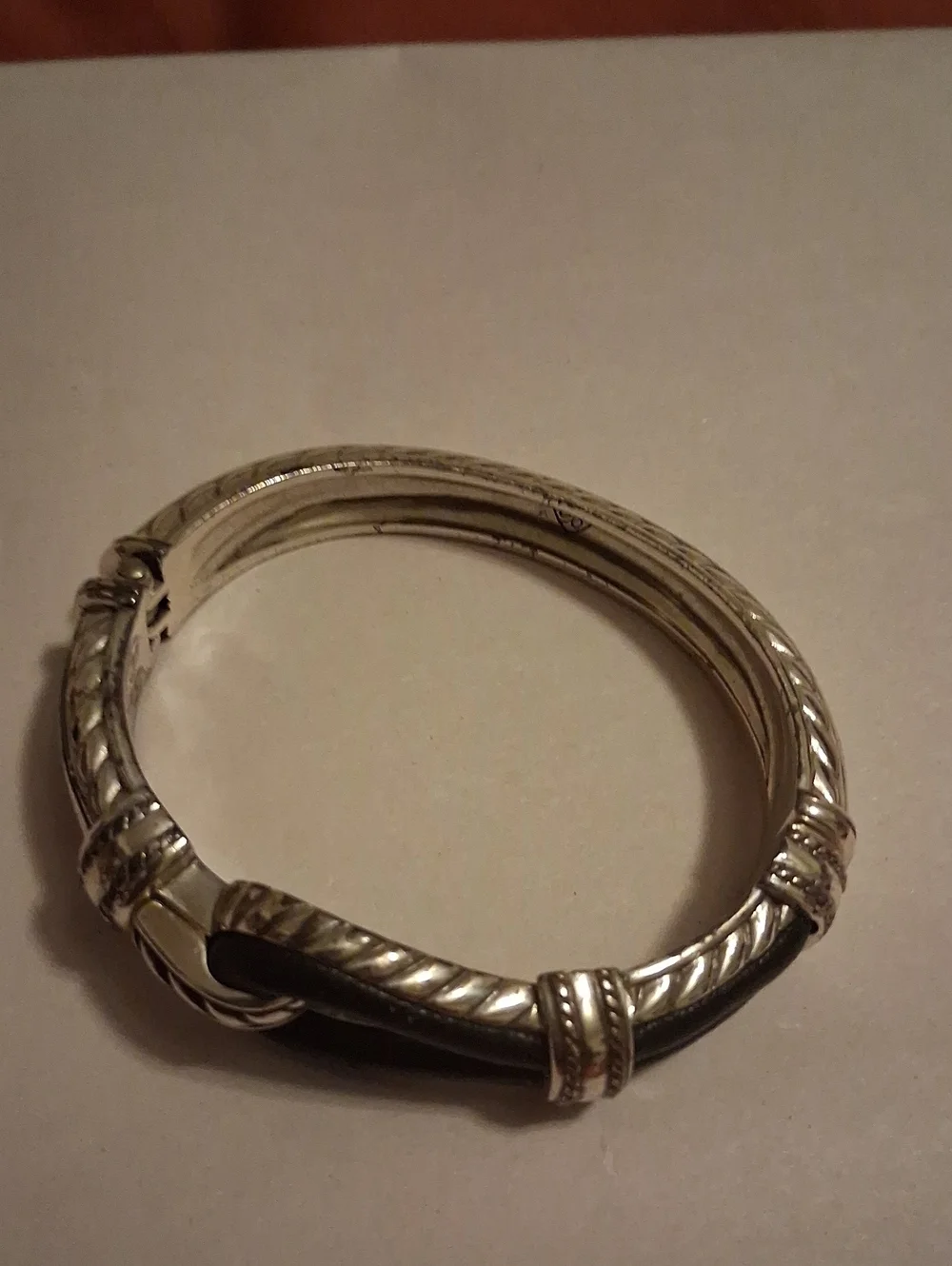 Brighton Silver-Tone Rope Accent Women's Bangle Bracelet with Black Cord